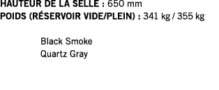 HAUTEUR DE LA SELLE : 650 mm POIDS (RÉSERVOIR VIDE PLEIN) : 341 kg   355 kg  Black Smoke Quartz Gray